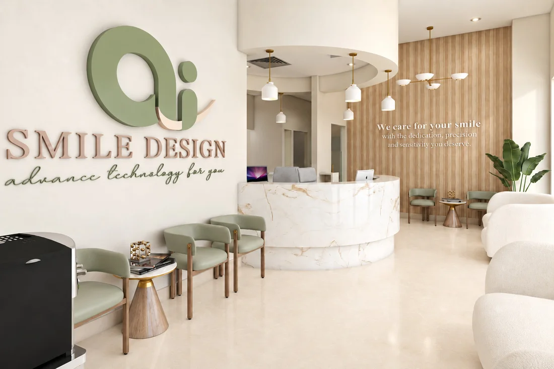Ai Smile Design — Reception with a curved marble-look desk, sage-green chairs and a wood-slat wall reading “We care for your smile”