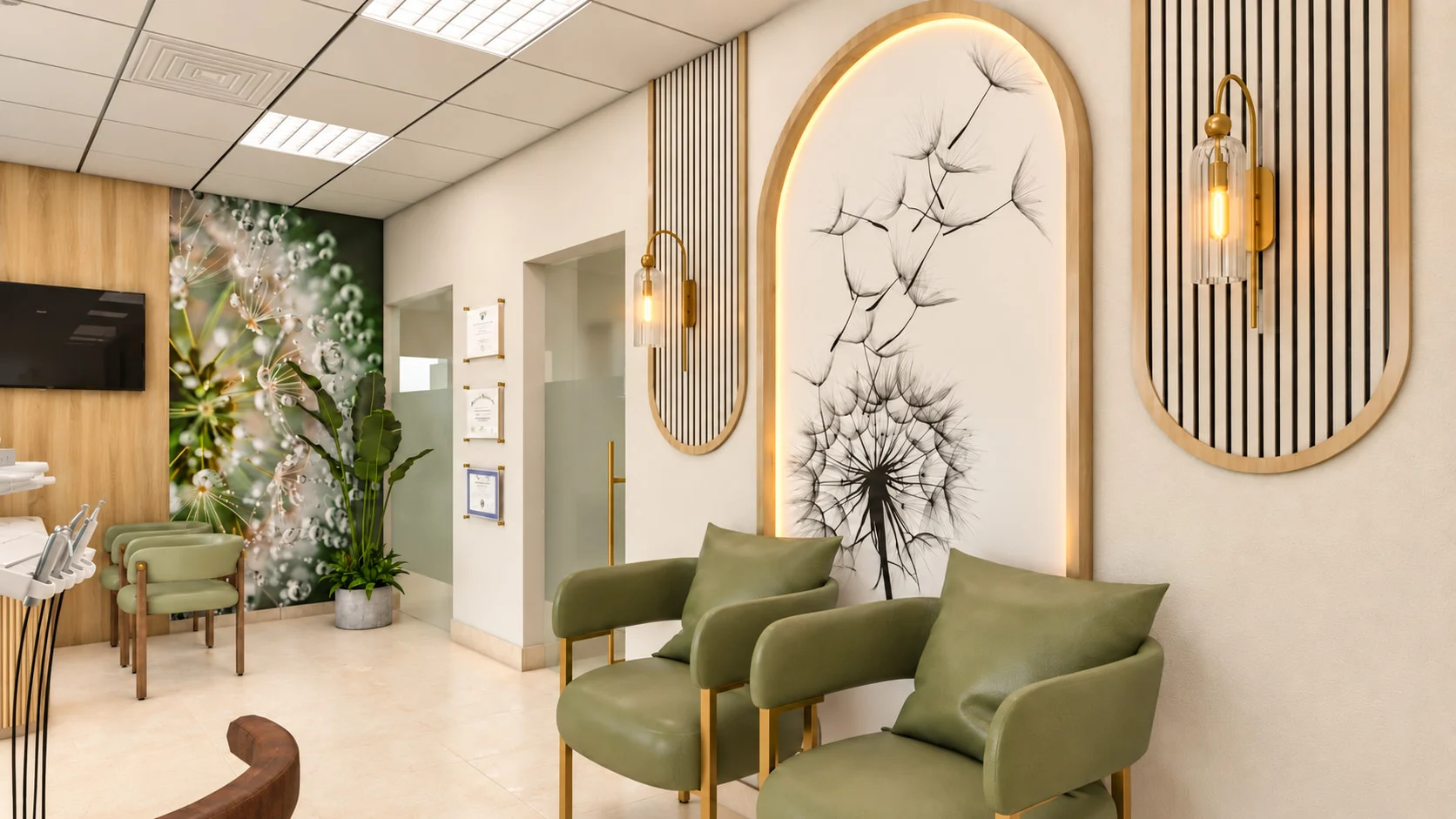 Ai Smile Design — Seating corner of the treatment room with two green leather armchairs in front of a backlit arch with a dandelion drawing