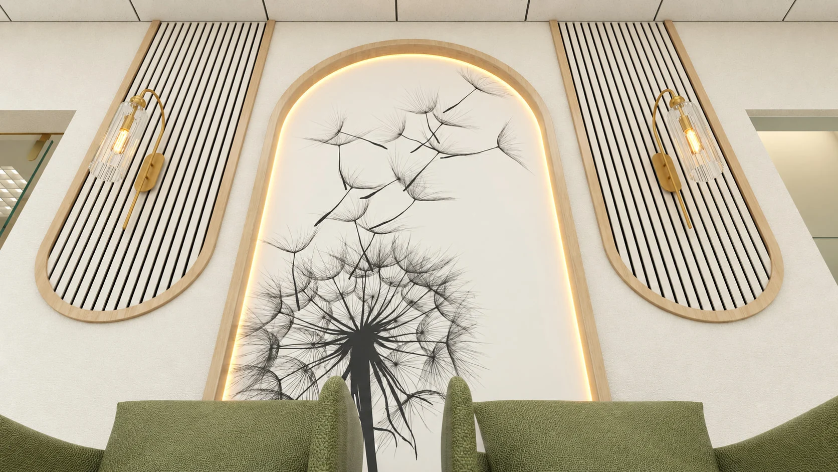 Ai Smile Design — Close-up of the backlit dandelion arch between slatted panels with glass and brass-toned sconces