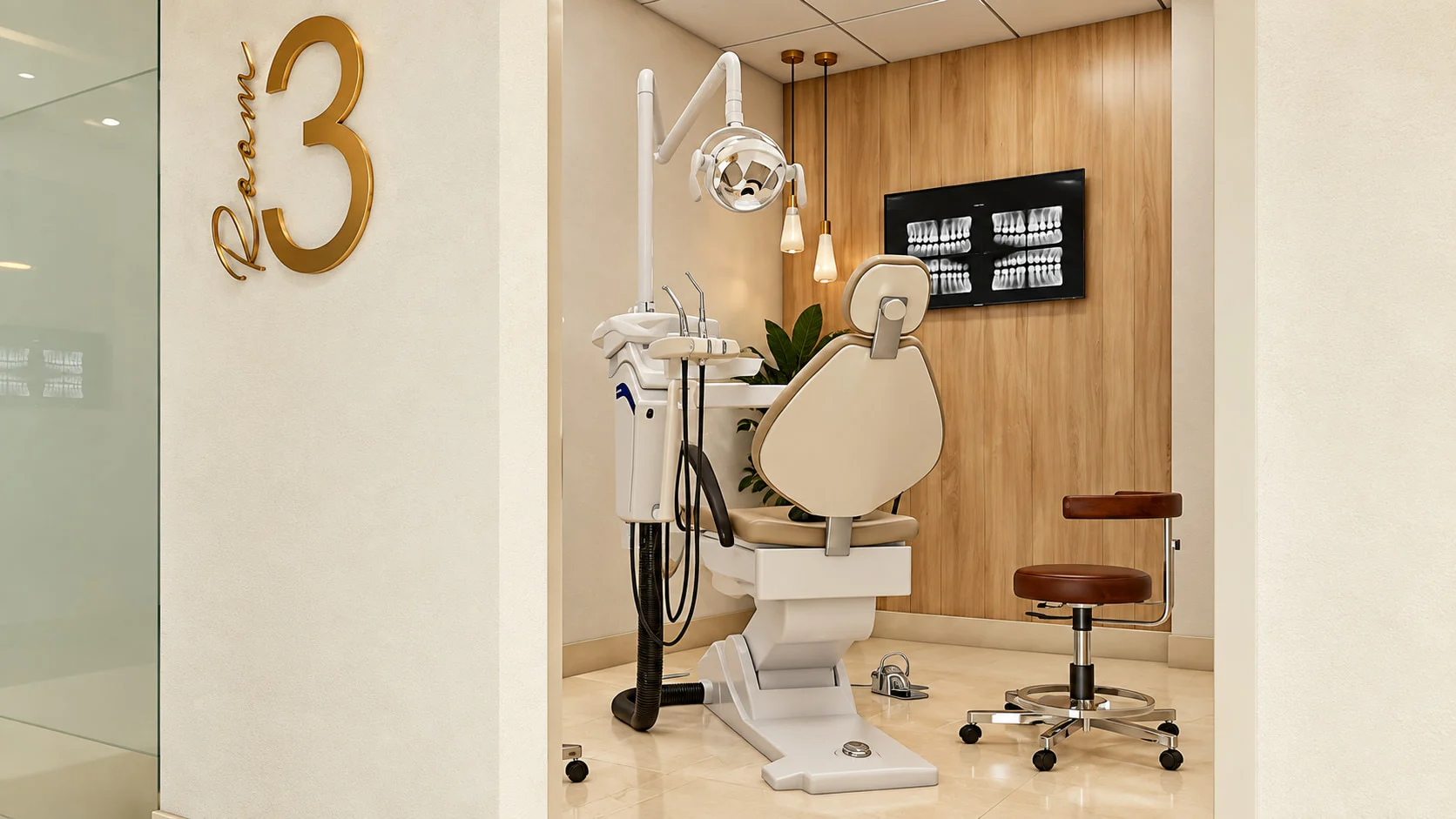 Ai Smile Design — Treatment room seen from the doorway, with a gold “Room 3” sign and an X-ray screen on wood paneling
