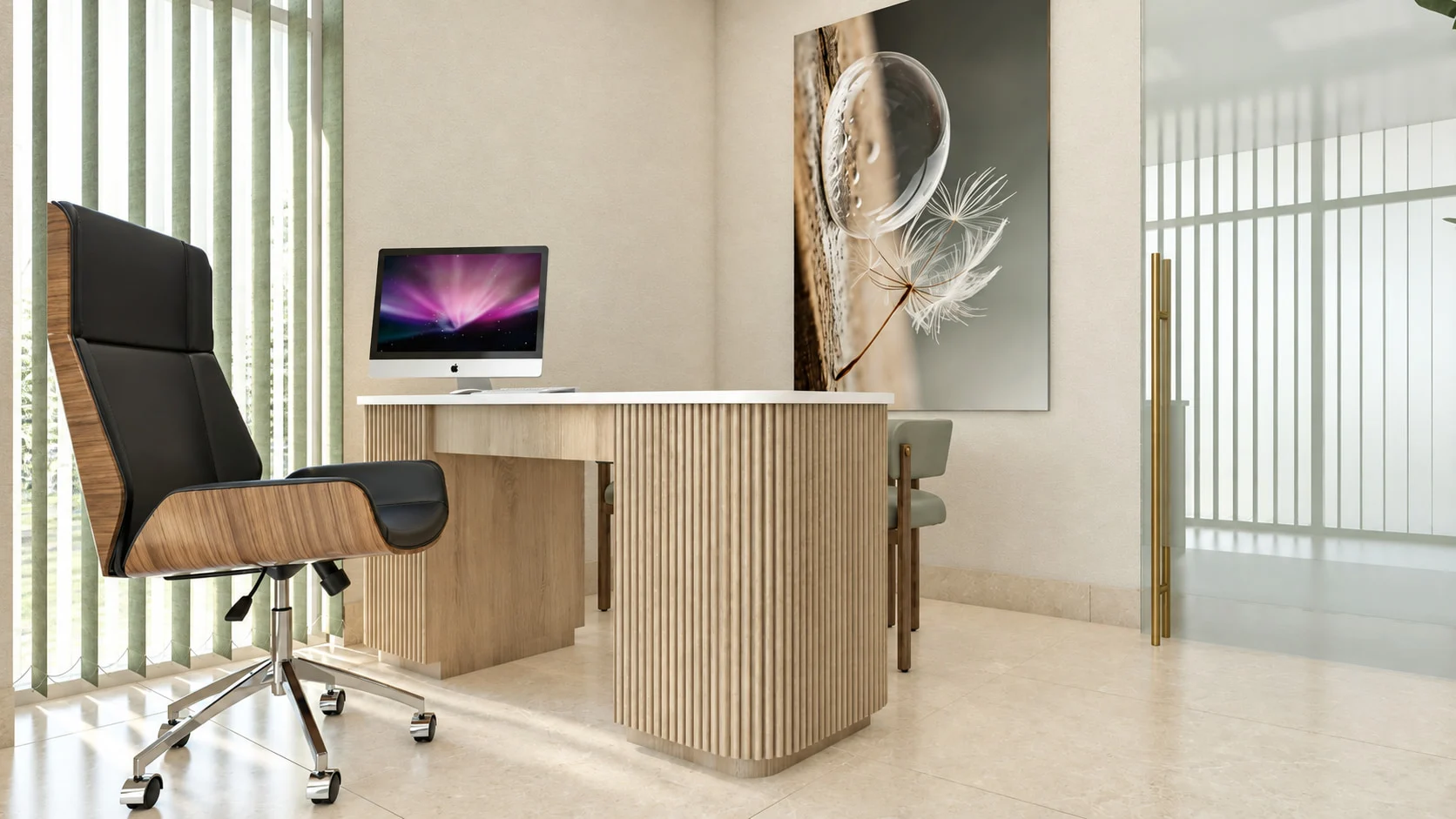 Ai Smile Design — Office with a fluted wood desk, a black leather swivel chair and a large dandelion seed print