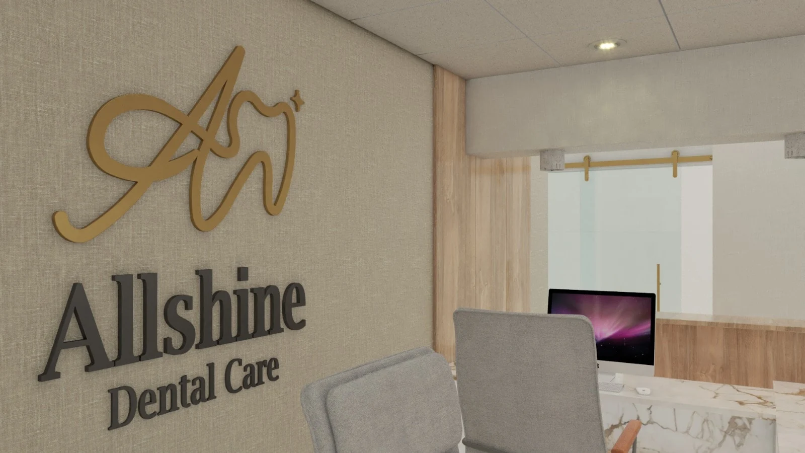 Allshine Dental Care — Close-up of the “Allshine Dental Care” logo with a gold tooth monogram on a linen-look wall