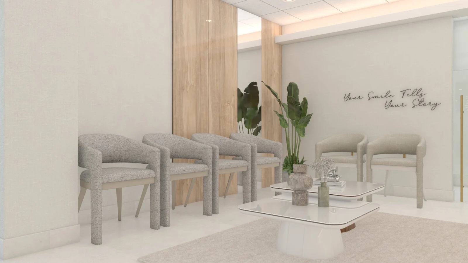 Allshine Dental Care — Waiting area with a row of gray upholstered chairs, a two-tier white coffee table and a wood panel