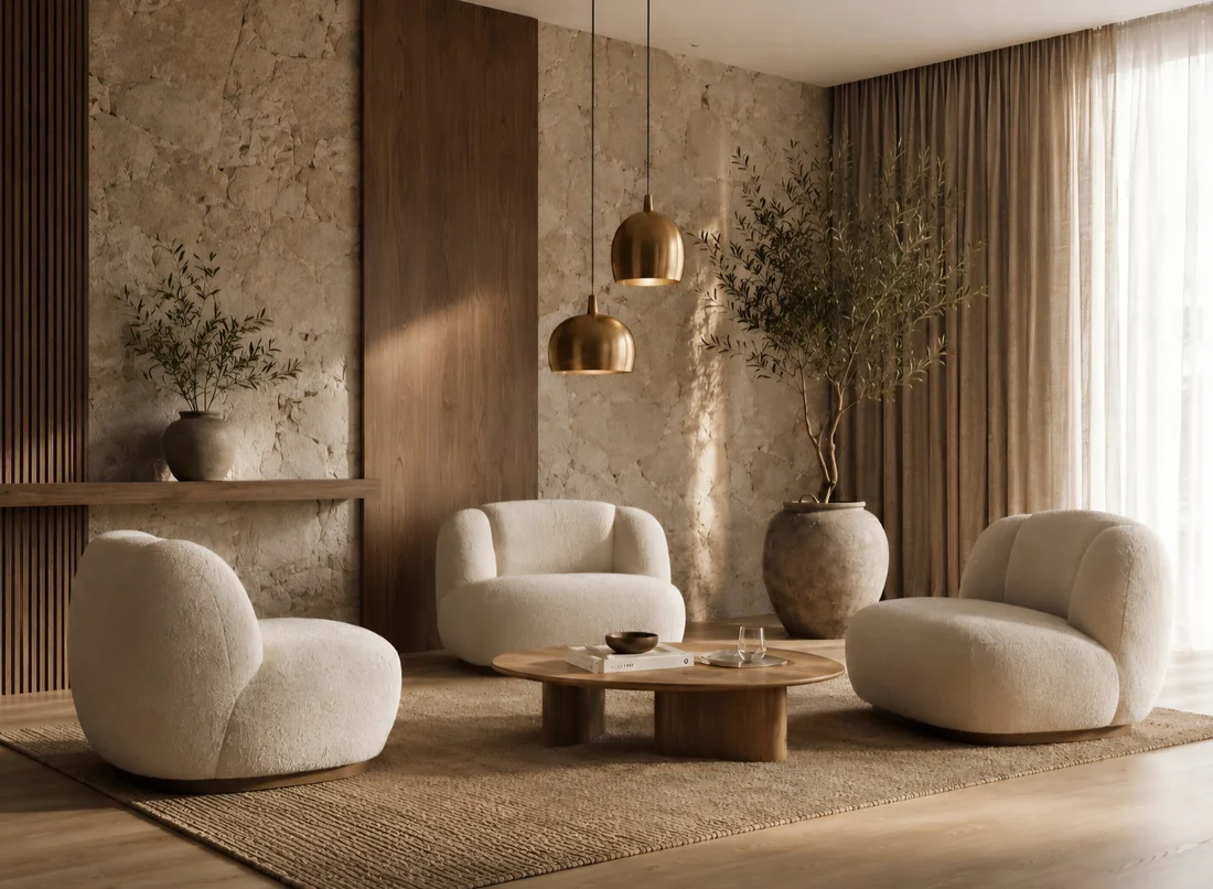Alma Terra Residence — Living room with three rounded cream armchairs around a round wood table under two brass-toned pendants