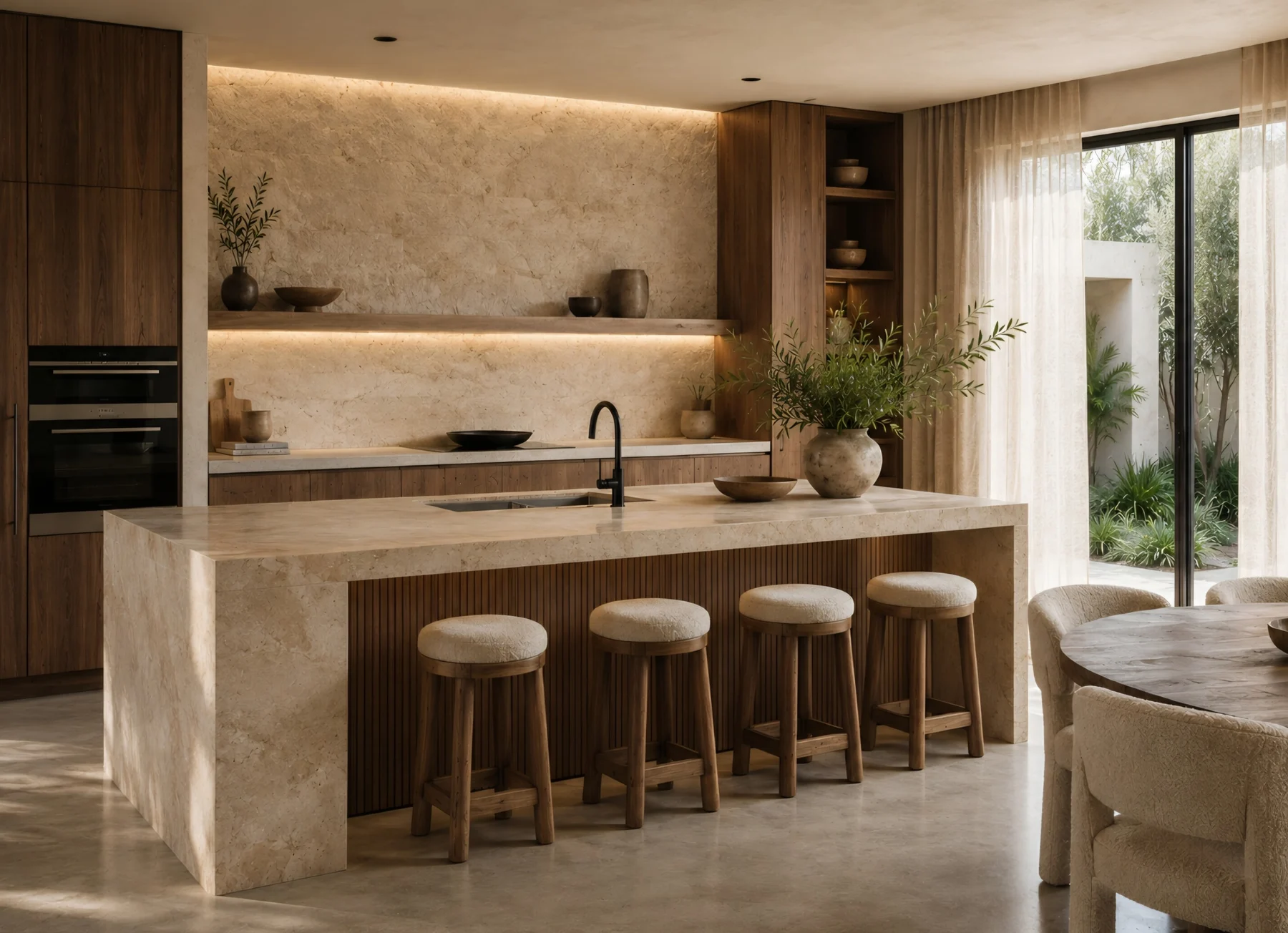 Alma Terra Residence — Kitchen with a stone island, four wood stools with cream seats and a backlit shelf on a stone wall