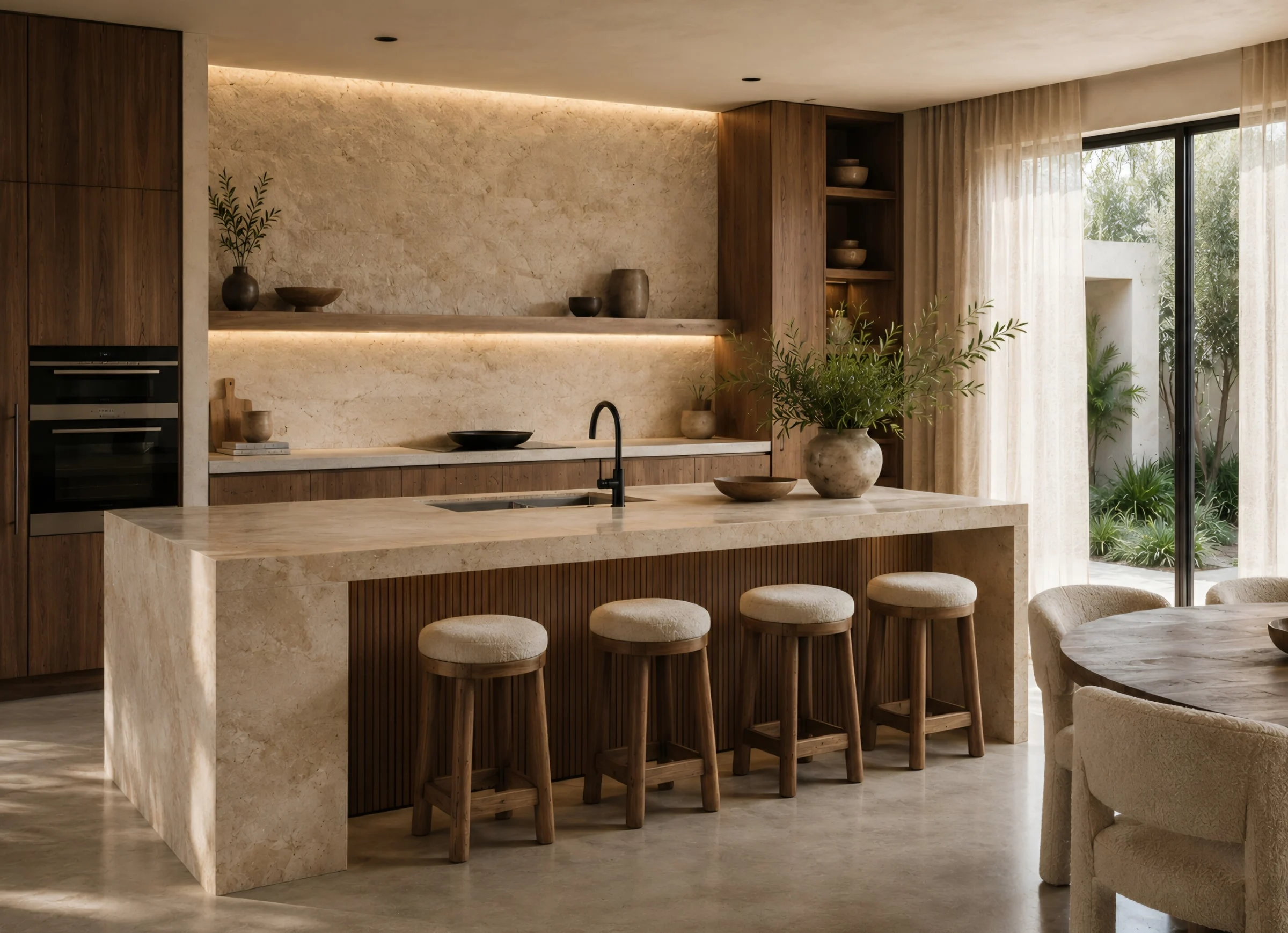 Alma Terra Residence — Kitchen with a stone island, four wood stools with cream seats and a backlit shelf on a stone wall