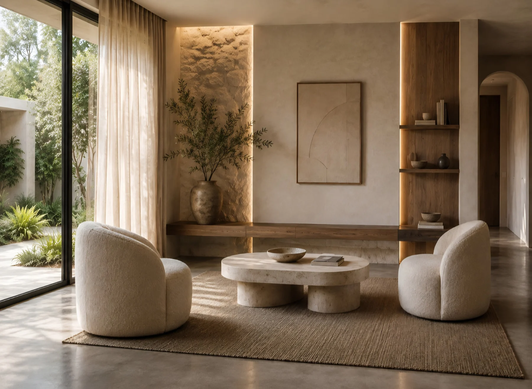 Alma Terra Residence — Sitting area with two cream armchairs around an oval stone table beside a floor-to-ceiling window