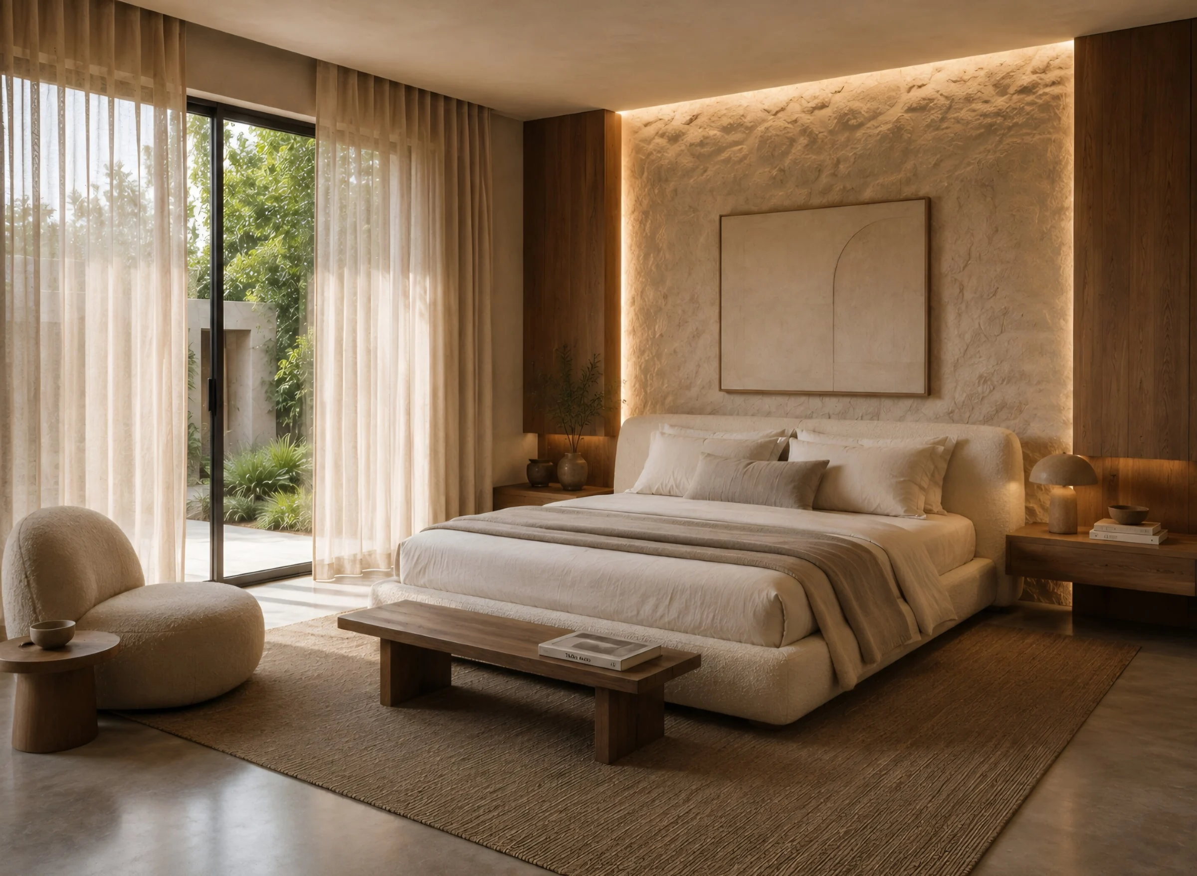Alma Terra Residence — Bedroom with an upholstered cream bed against a backlit textured wall and a wood bench at its foot