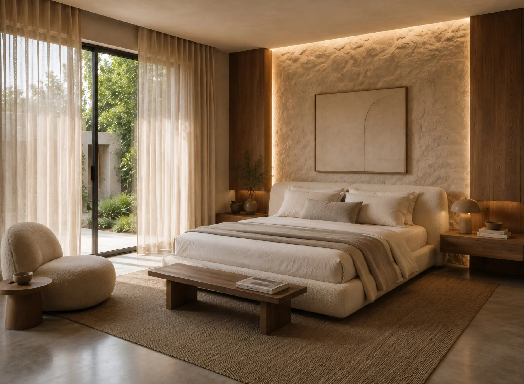 Alma Terra Residence — Bedroom with an upholstered cream bed against a backlit textured wall and a wood bench at its foot