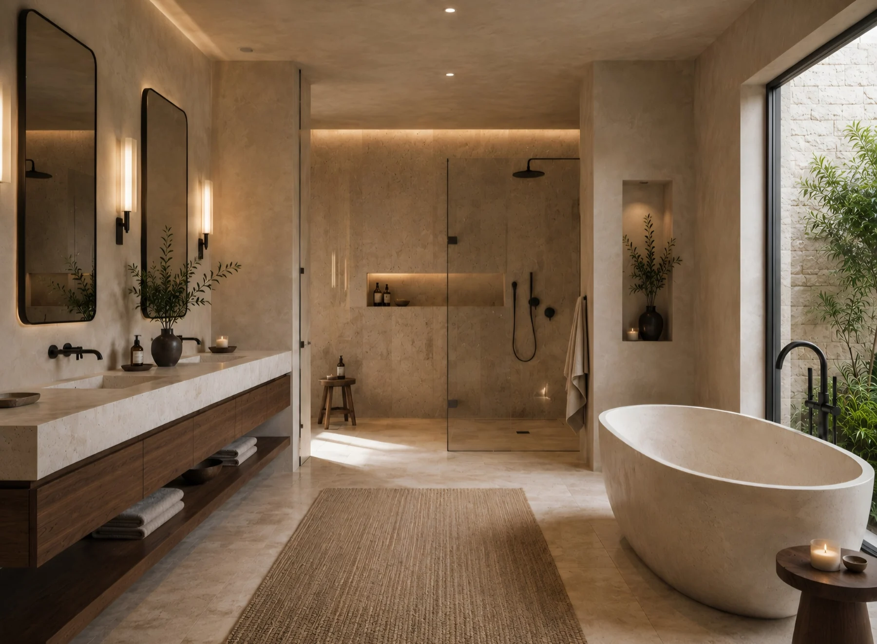 Alma Terra Residence — Bathroom with a freestanding stone-look tub, a double vanity with two mirrors and a shower with a glass panel