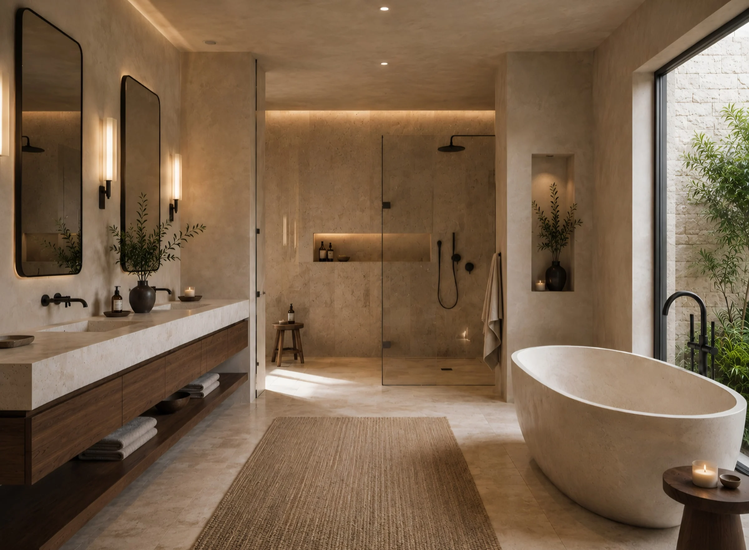 Alma Terra Residence — Bathroom with a freestanding stone-look tub, a double vanity with two mirrors and a shower with a glass panel