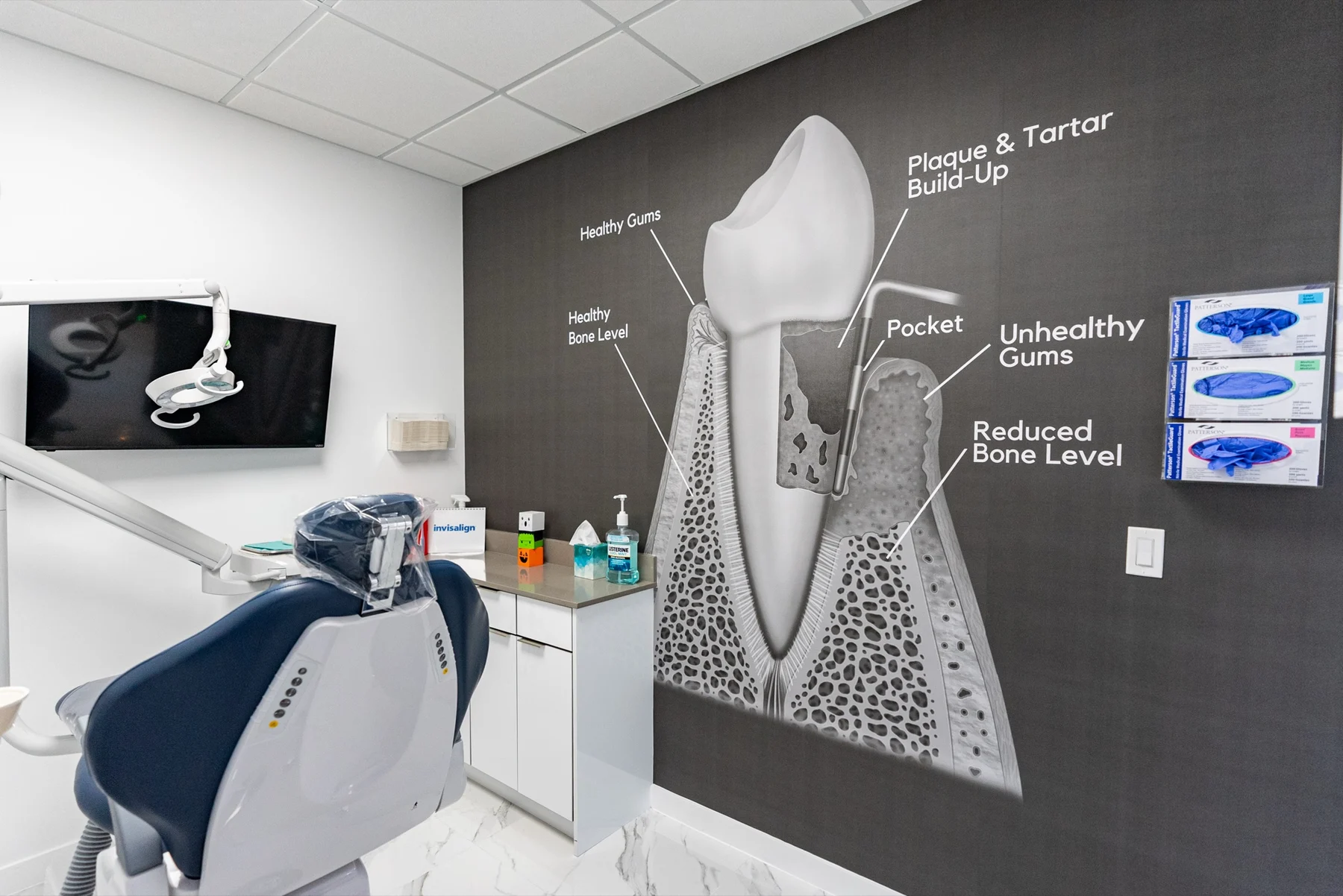 Anillo Dentistry — Sala de tratamiento con una gráfica de la anatomía de la encía y el diente sobre una pared oscura