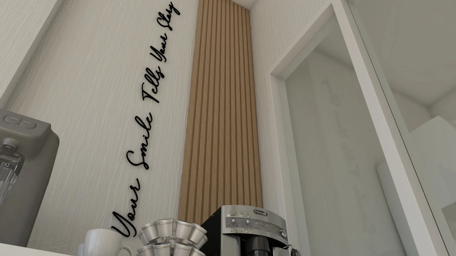 Bello-Burgos Smiles — Coffee station below the script lettering “Your Smile Tells Your Story” beside a wood-slat panel
