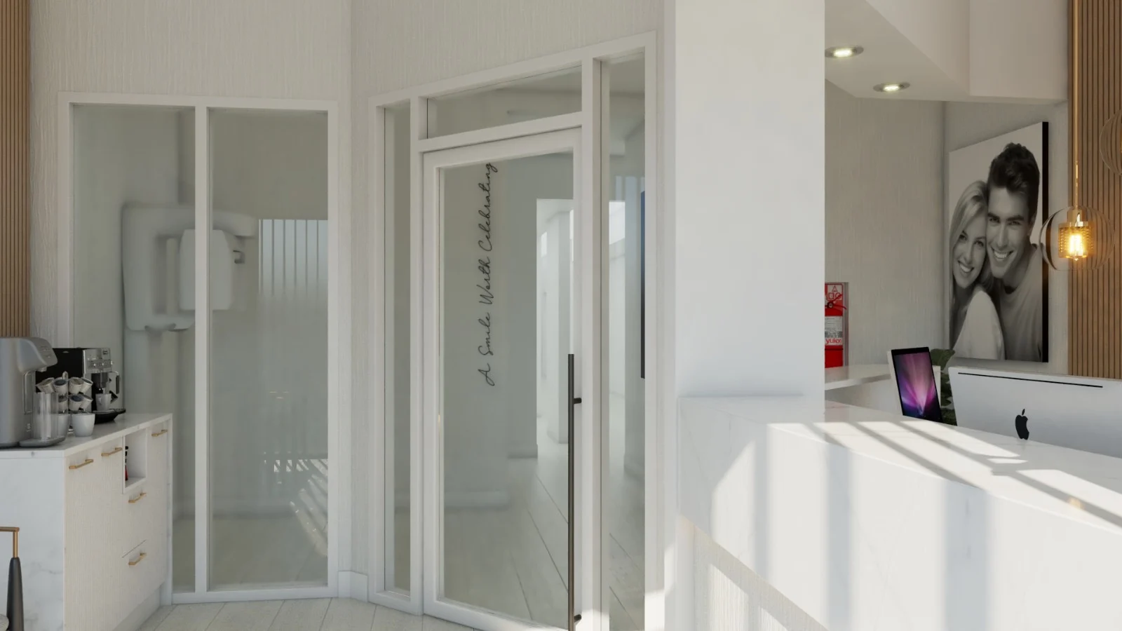 Bello-Burgos Smiles — Area beside reception with a coffee station and a glass door bearing script lettering