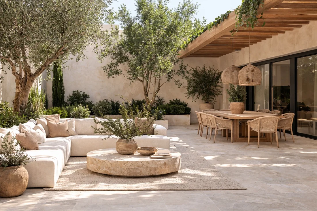 Casa Alma — Courtyard with a white sectional and round stone coffee table beside a dining table under a wood pergola