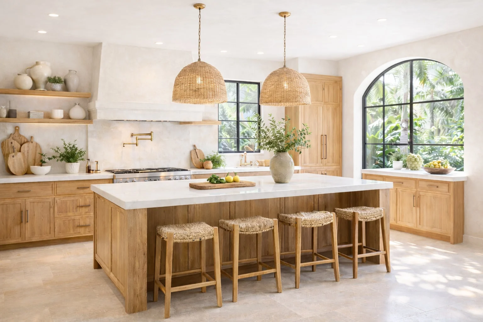 Casa Alma — Kitchen with a wood island and white stone top, woven pendants, woven-seat stools and an arched window