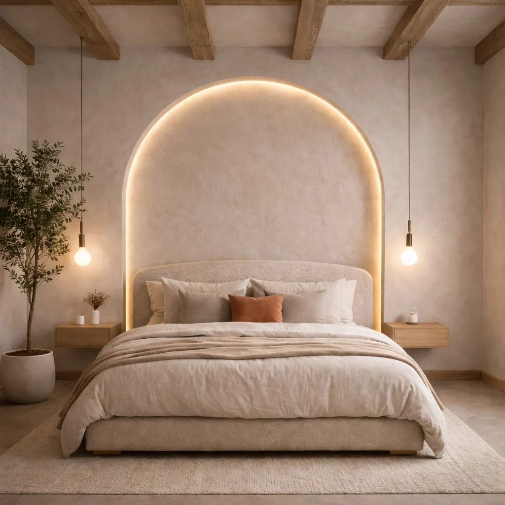 Casa Alma — Bedroom with an upholstered bed set in a backlit arched niche between two bare-bulb pendants