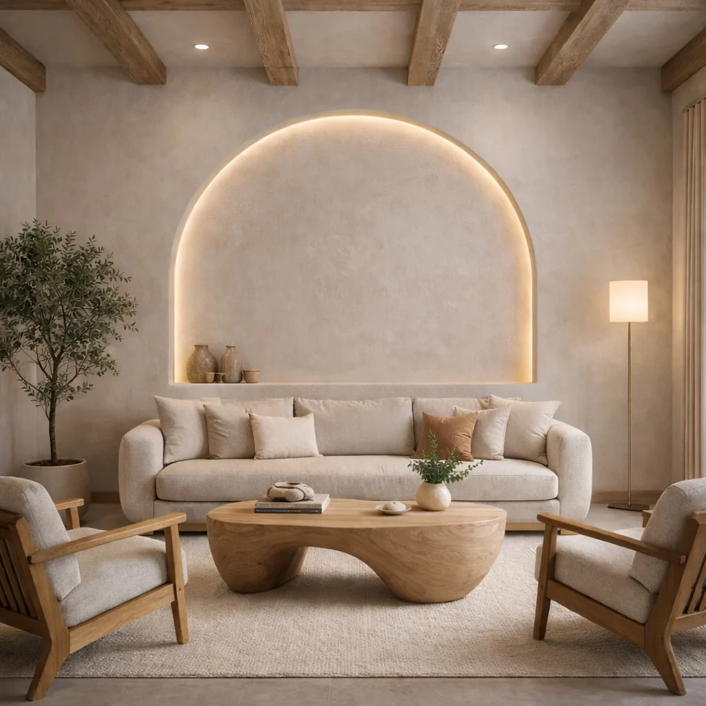Casa Alma — Living room with a cream sofa under a backlit arched niche, a sculptural wood coffee table and wood armchairs