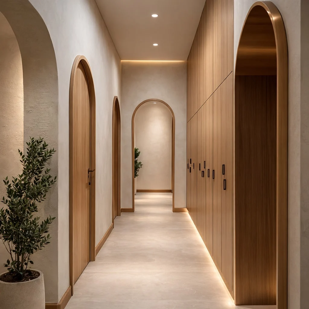 Casa Alma — Hallway with arched wood doors and a wall of floor-to-ceiling wood cabinets lit along the floor