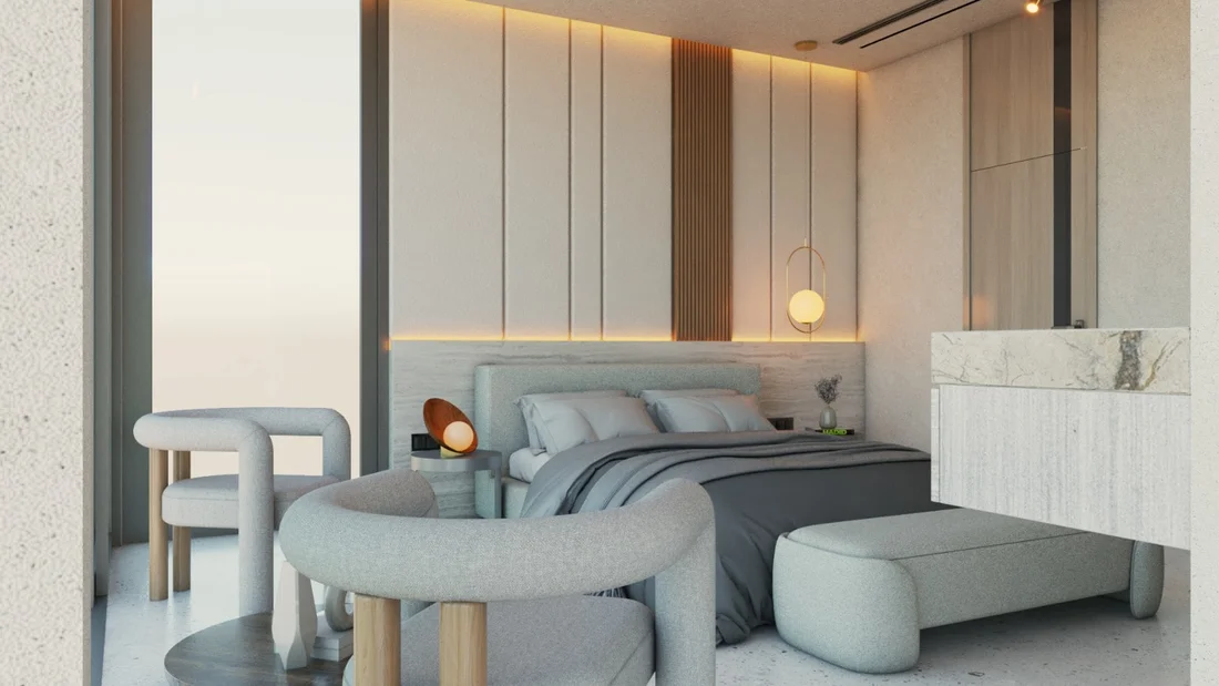 Casa Alva — Bedroom with a gray upholstered bed, a backlit paneled headboard wall and a globe pendant on a brass-toned ring