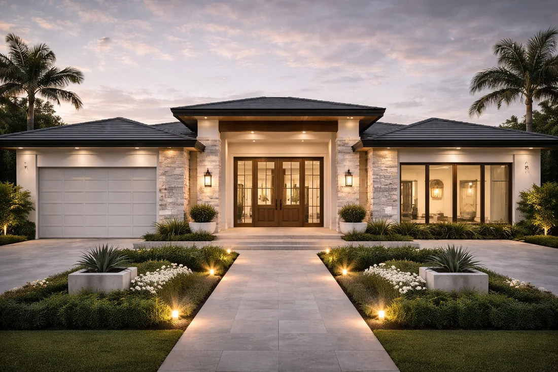 Casa Aurelia — Front facade at dusk with a double wood-and-glass door between stacked-stone pillars and a lit walkway
