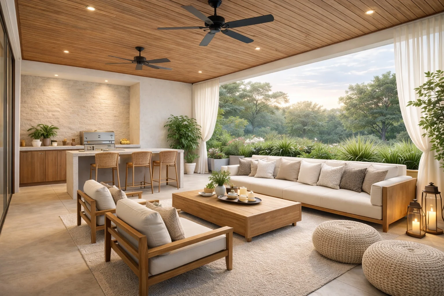 Casa Aurelia — Covered terrace with a wood-plank ceiling and fans, a cream sofa, wood coffee table and an outdoor kitchen