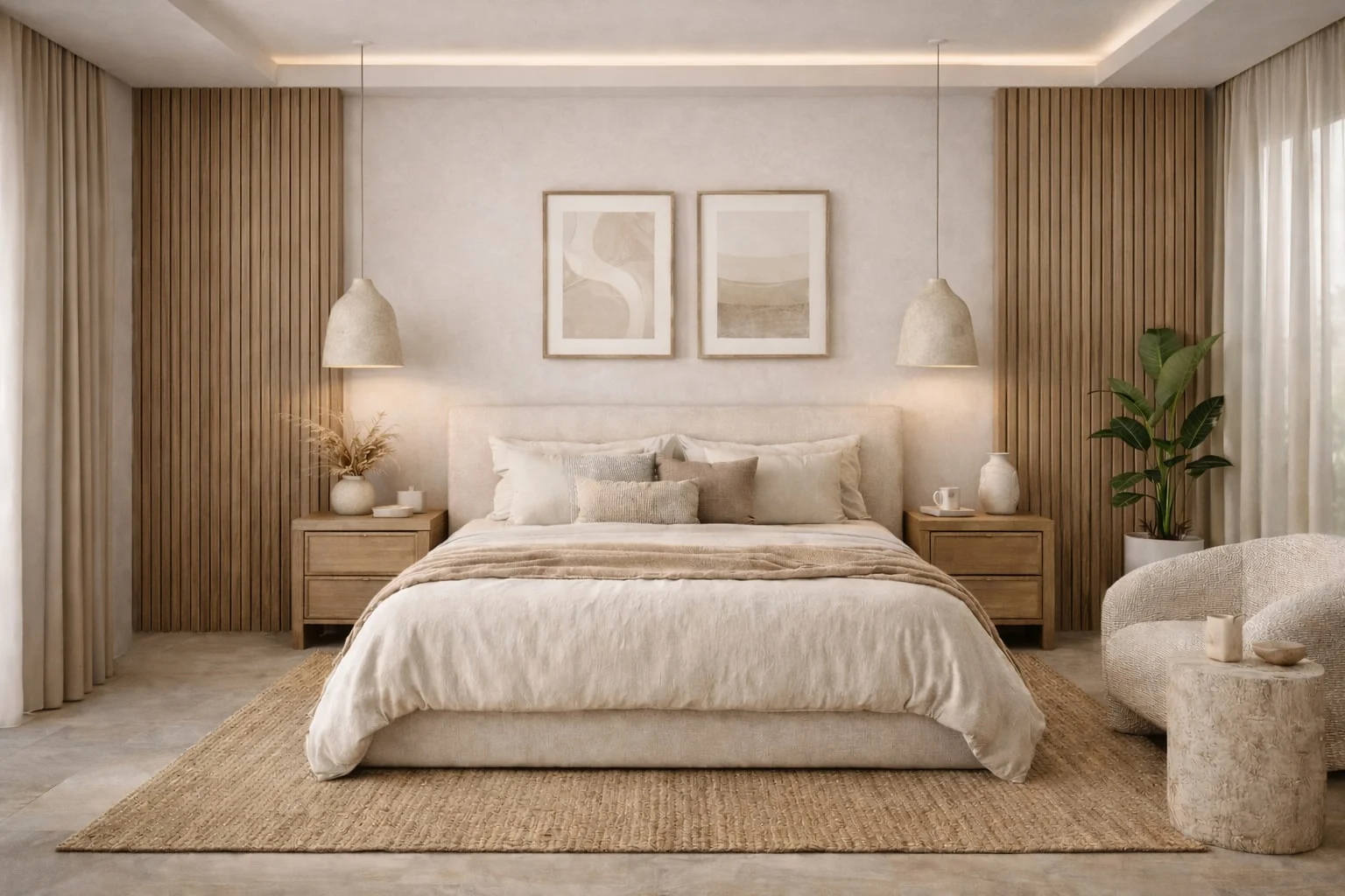 Casa Aurelia — Bedroom with an upholstered bed between wood-slat panels, two framed prints and a pair of pendant lamps