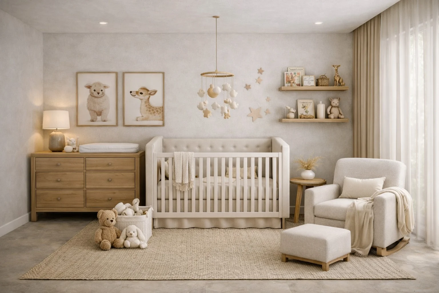 Casa Aurelia — Nursery with a white crib under a hanging mobile, animal prints, a wood dresser and an upholstered rocker