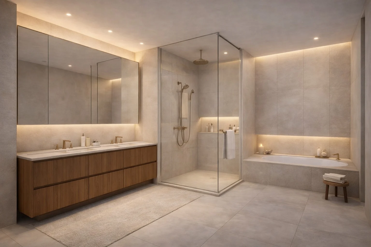 Casa Aurelia — Bathroom with a double wood vanity under a wide mirror, a glass shower and a built-in tub with a lit niche