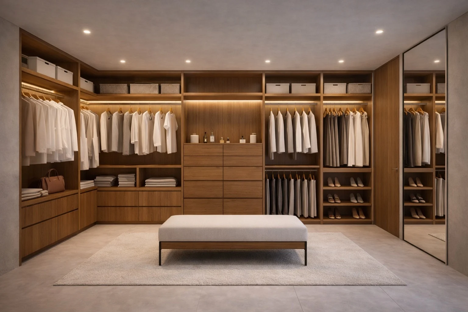 Casa Aurelia — Walk-in closet with wood shelving, lit hanging rails and an upholstered bench on a pale rug
