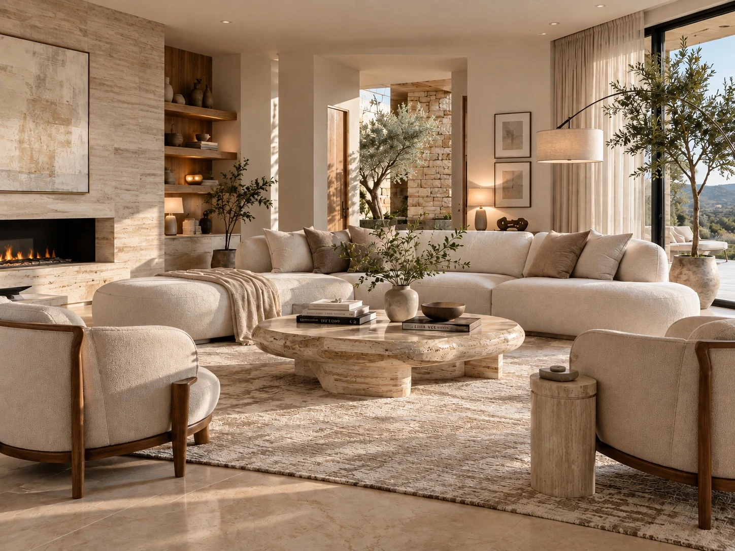 Casa Mallorca — Living room with a curved cream sofa and round stone coffee table beside a linear fireplace in a stone wall