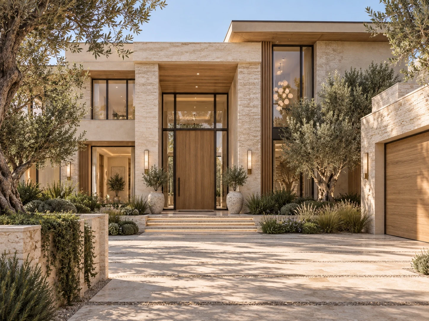 Casa Mallorca — Front facade with a tall wood door in a stone-clad portal, reached by lit steps between olive trees