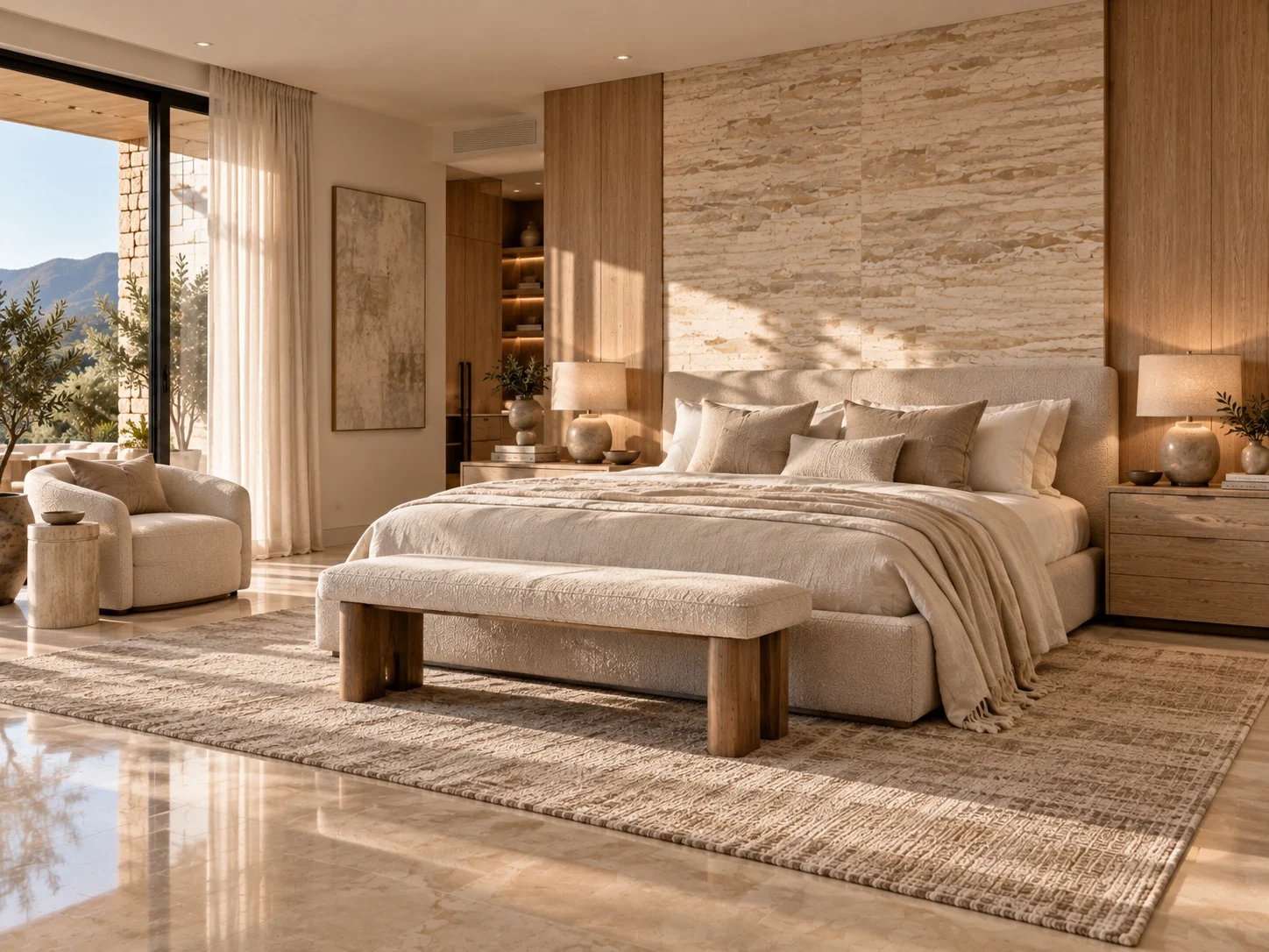 Casa Mallorca — Bedroom with an upholstered bed against a stone-clad wall between wood panels and a bench at its foot