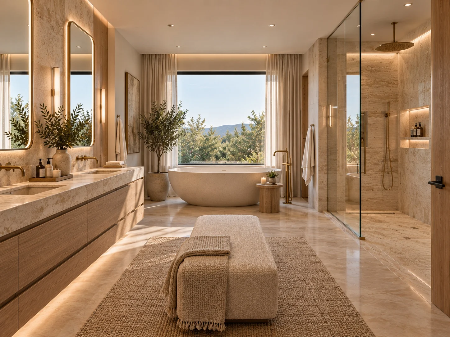 Casa Mallorca — Bathroom with a freestanding tub in front of a picture window, a stone-topped double vanity and a glass shower