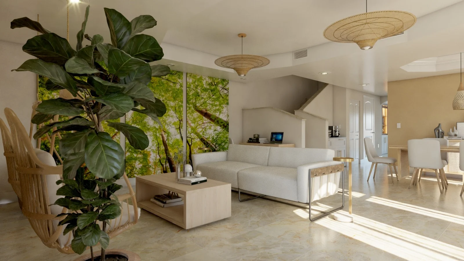 Casa Oliva — Living room with a white sofa, a tree-canopy mural and woven pendant lights, the dining area to the right