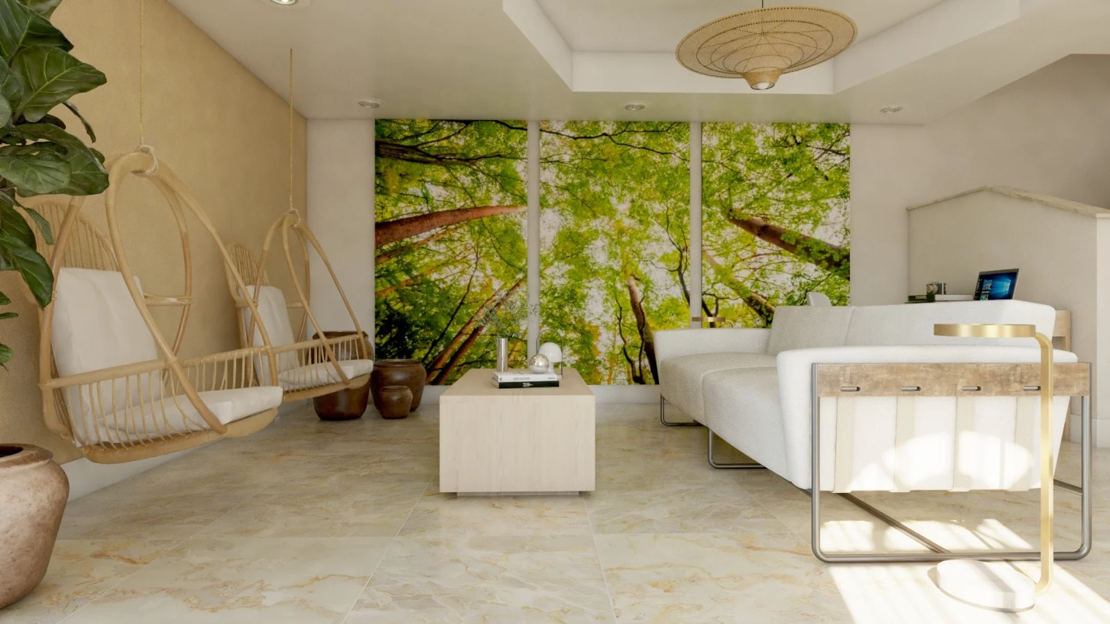 Luxury Residences — Seating area with two hanging rattan chairs beside a three-panel tree-canopy mural, seen head-on
