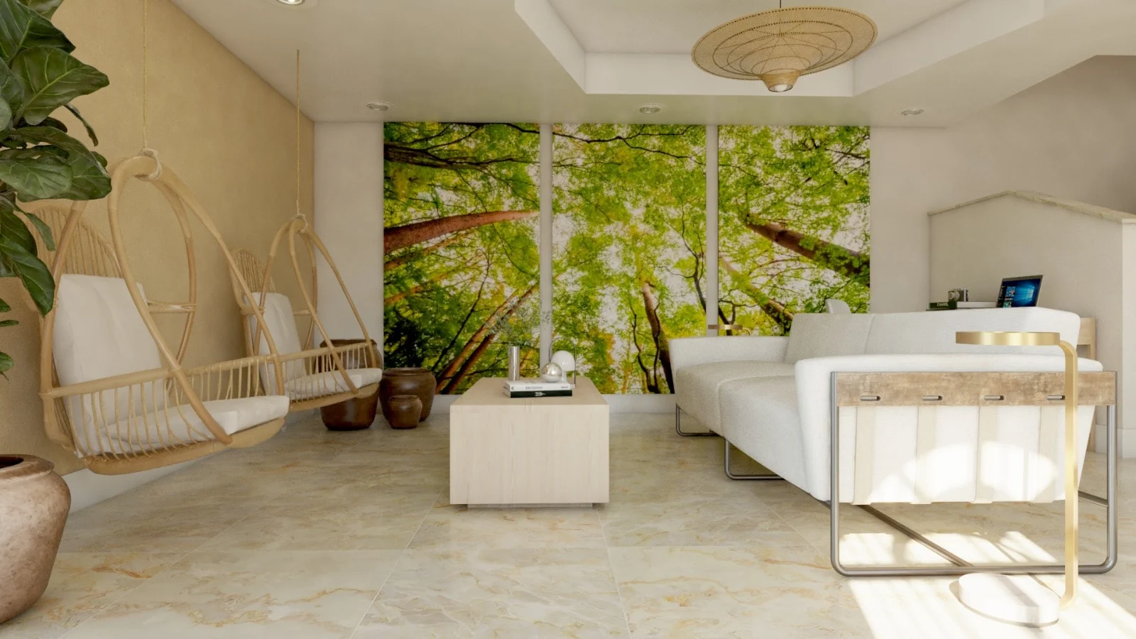 Casa Oliva — Seating area with two hanging rattan chairs beside a three-panel tree-canopy mural, seen head-on