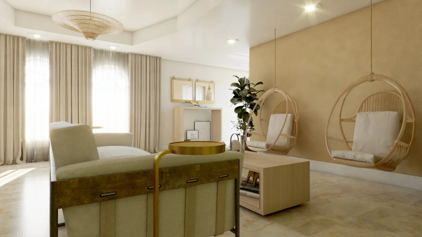 Casa Oliva — Seating corner with hanging rattan chairs against an ocher wall and arched windows behind sheer curtains