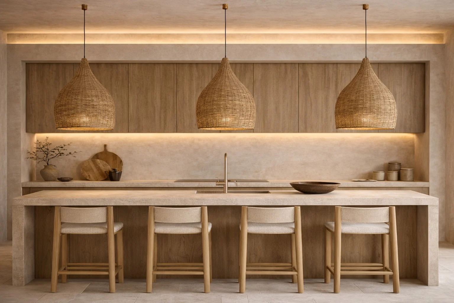 Casa Sienna — Kitchen with a stone-look island, four upholstered wood stools and three woven pendant lamps