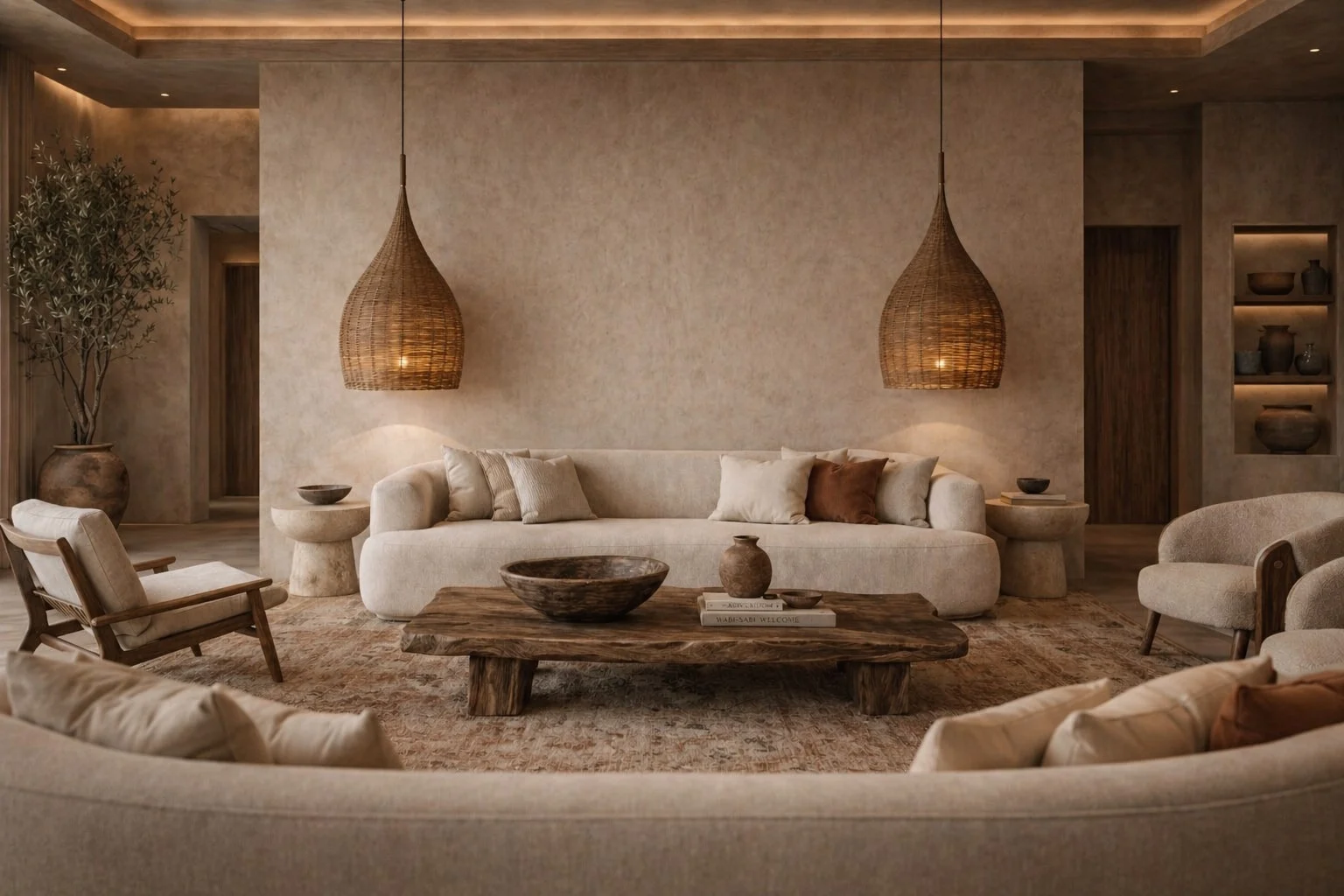 Casa Sienna — Living room with a curved cream sofa before a plain plaster wall, a potted tree and lit niches with pottery