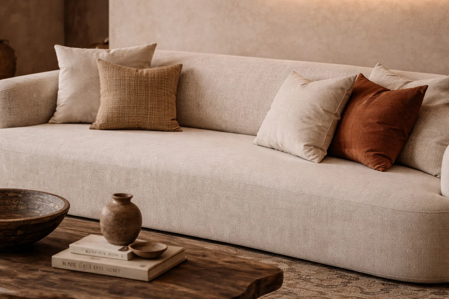 Casa Sienna — Close-up of a curved cream sofa with ochre and rust cushions behind a wood coffee table