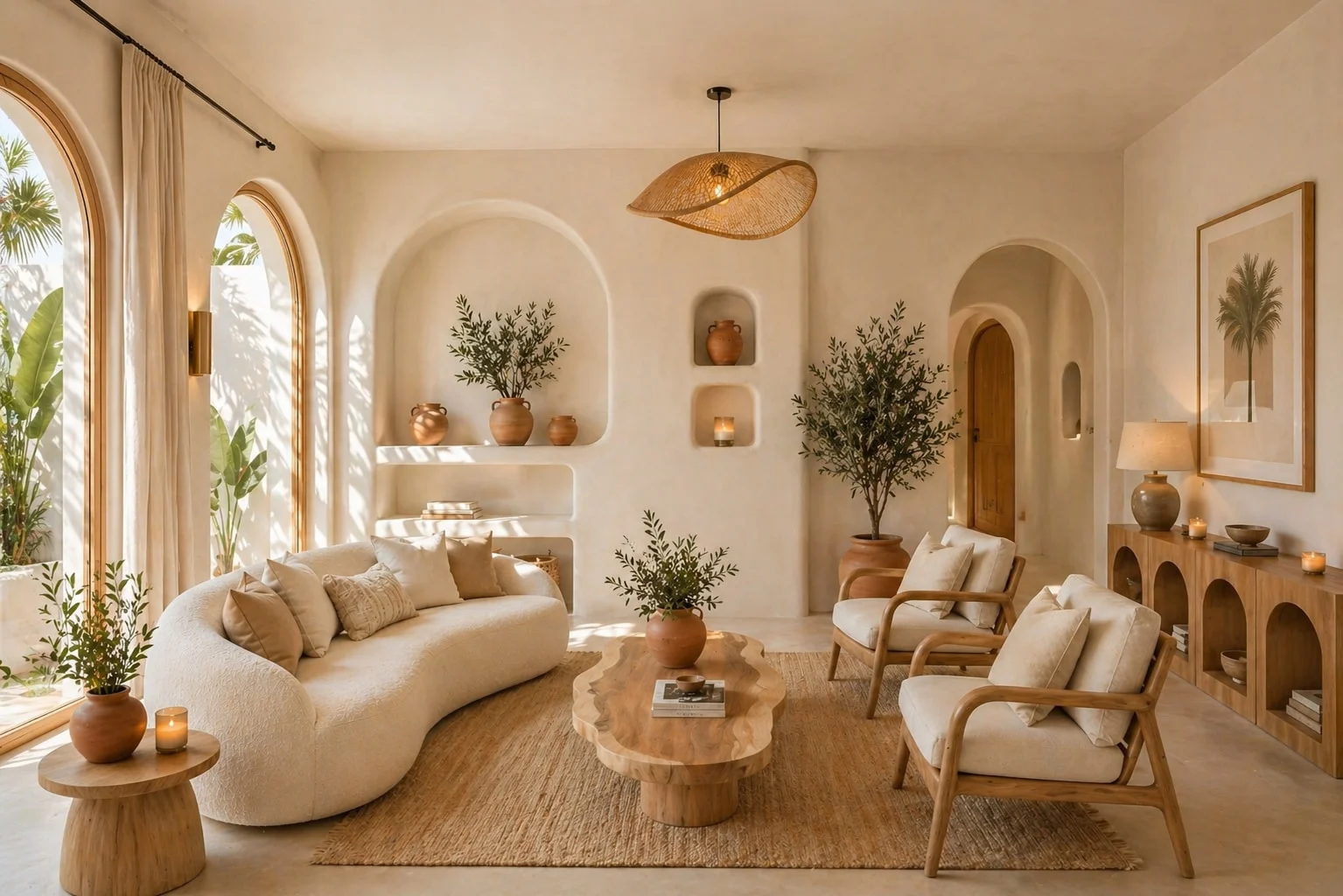 Casa Solenne — Living room with a curved cream bouclé sofa, wood armchairs and a woven pendant light by tall arched windows