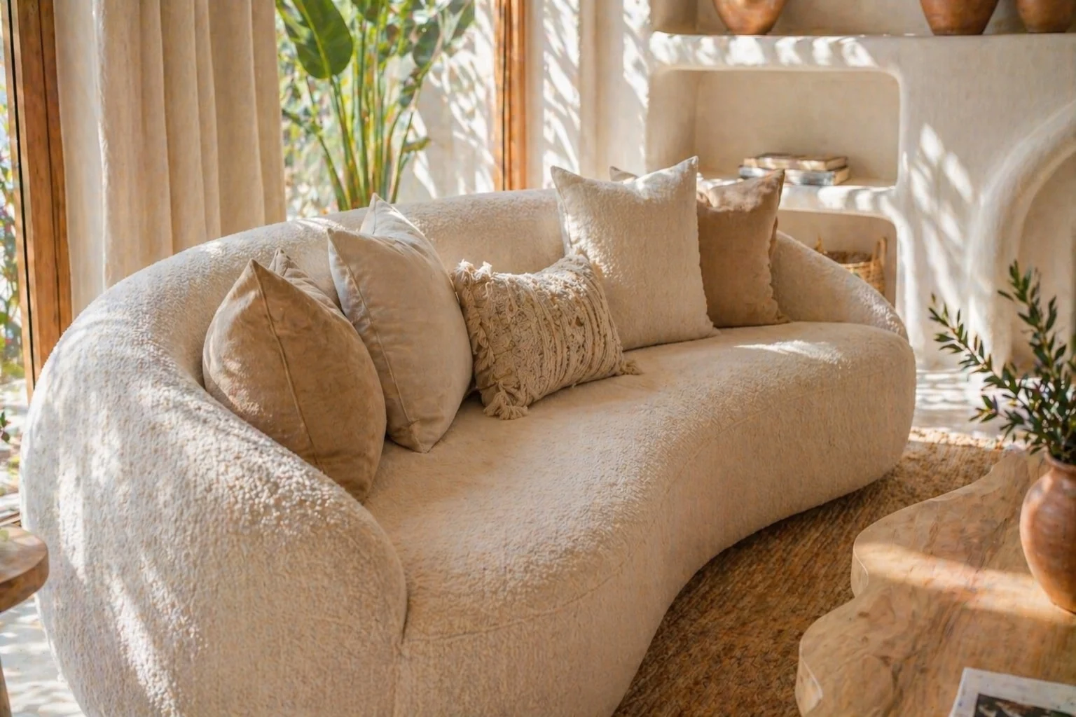 Casa Solenne — Close-up of the curved bouclé sofa with beige and fringed cushions in dappled sunlight