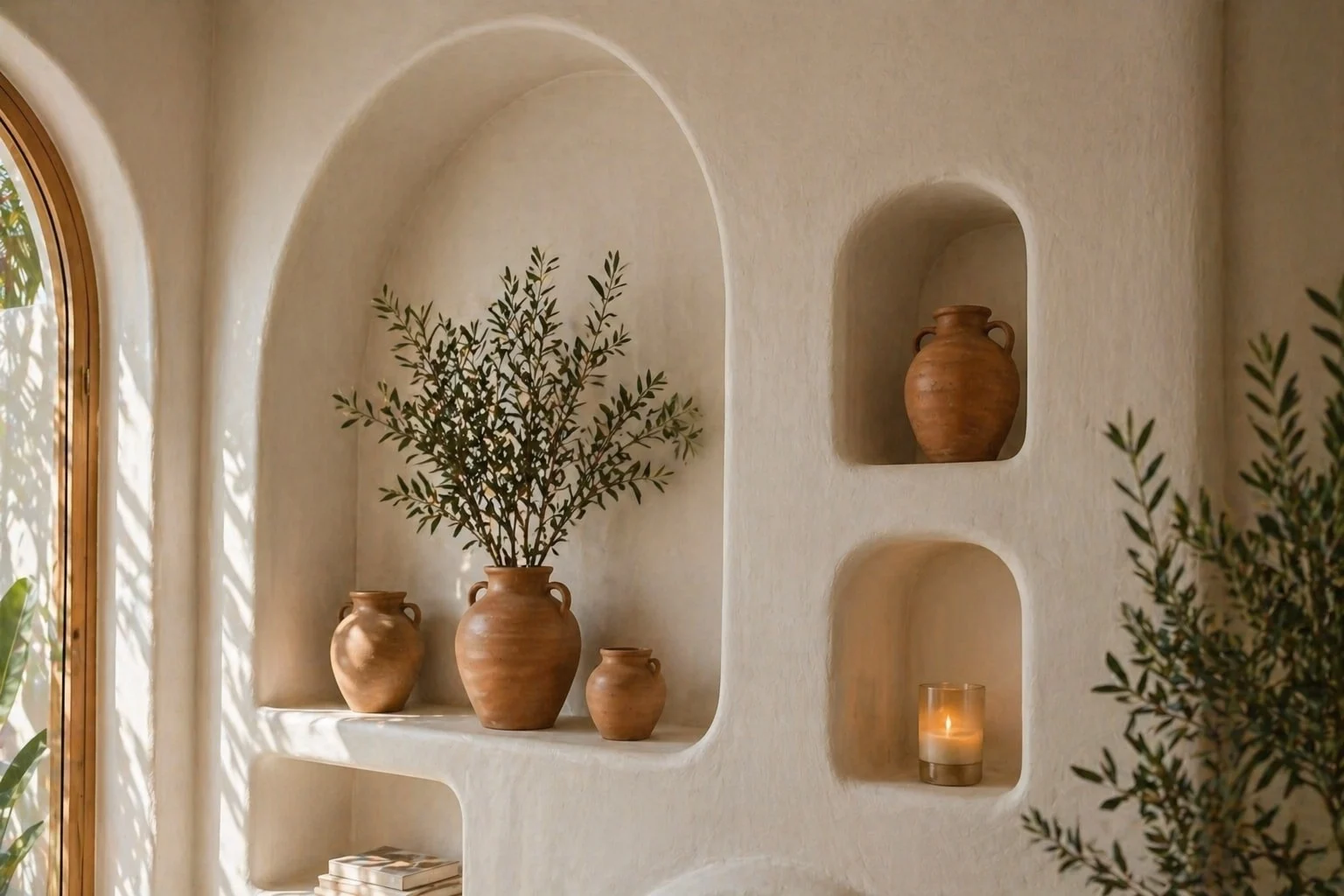 Casa Solenne — Detail of arched plaster niches holding terracotta jugs, leafy branches and a lit candle