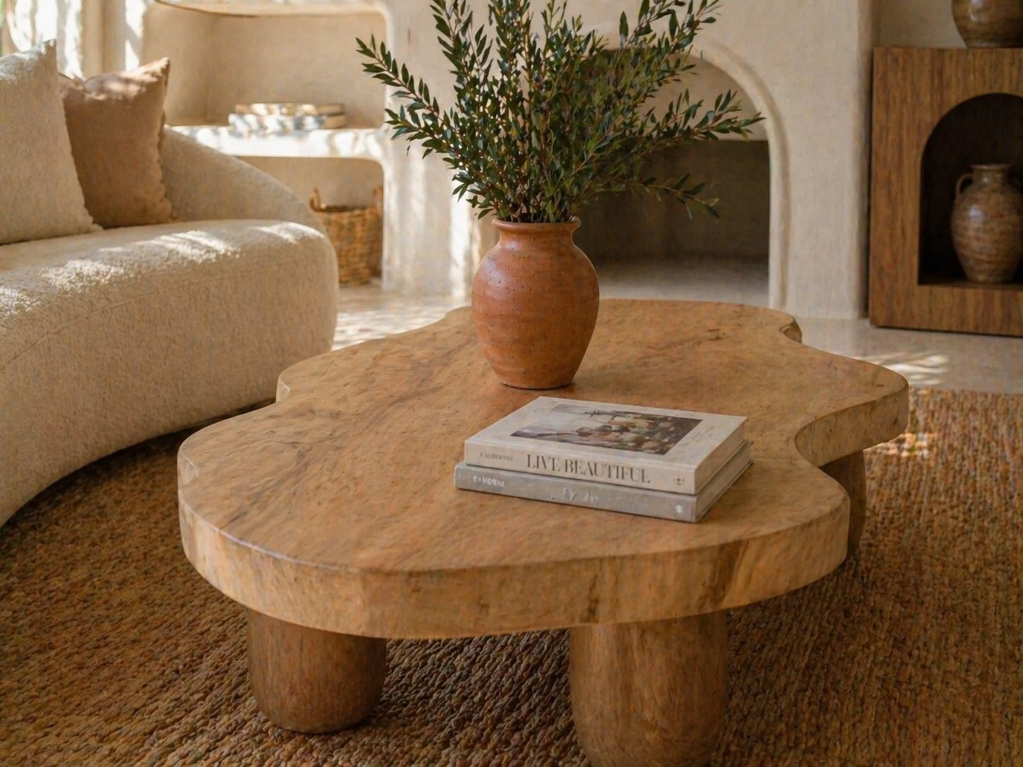 Casa Solenne — Close-up of a free-form wood coffee table on round legs, with a terracotta vase and books