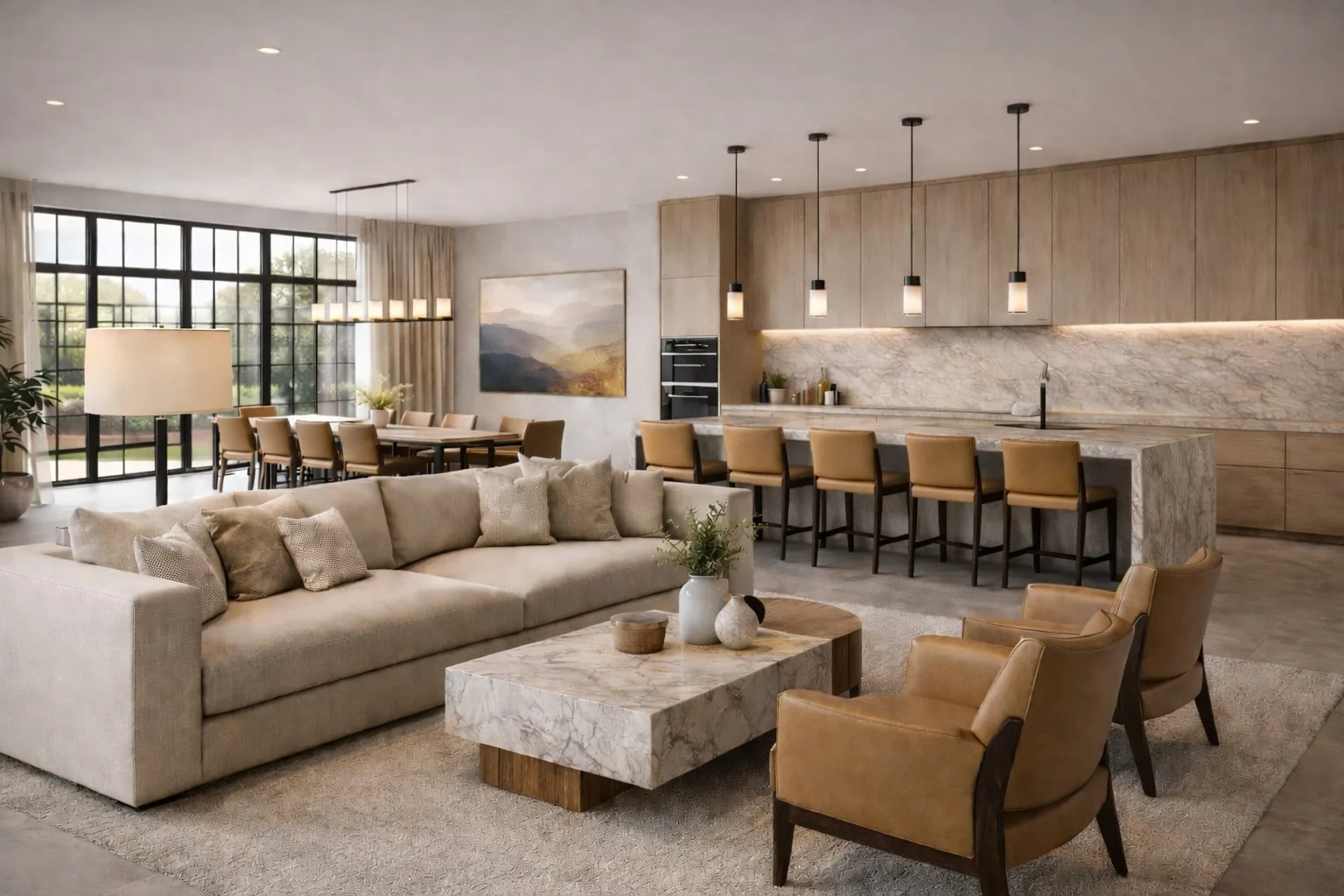 Casa Varenna — Open-plan living room with a long beige sofa, marble-look coffee table and tan leather armchairs