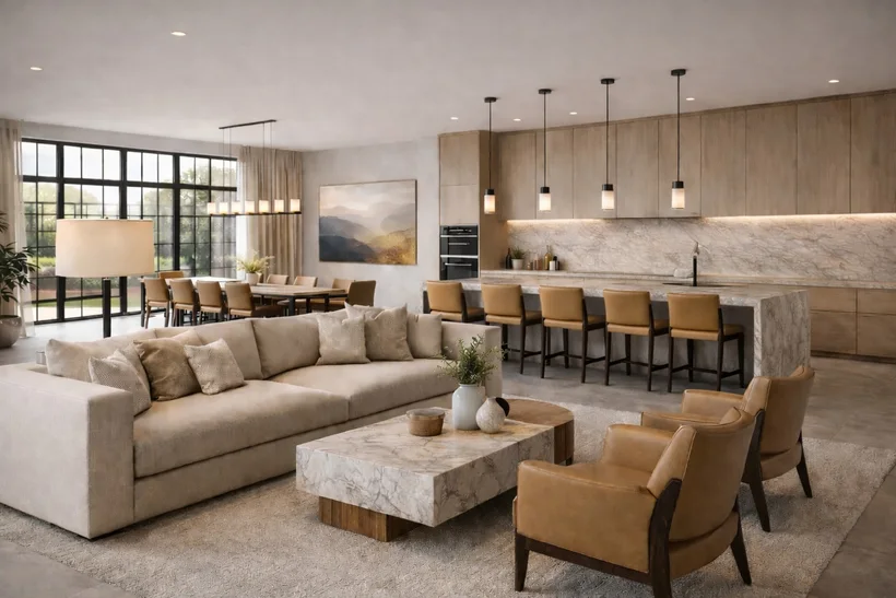 Casa Varenna — Open-plan living room with a long beige sofa, marble-look coffee table and tan leather armchairs