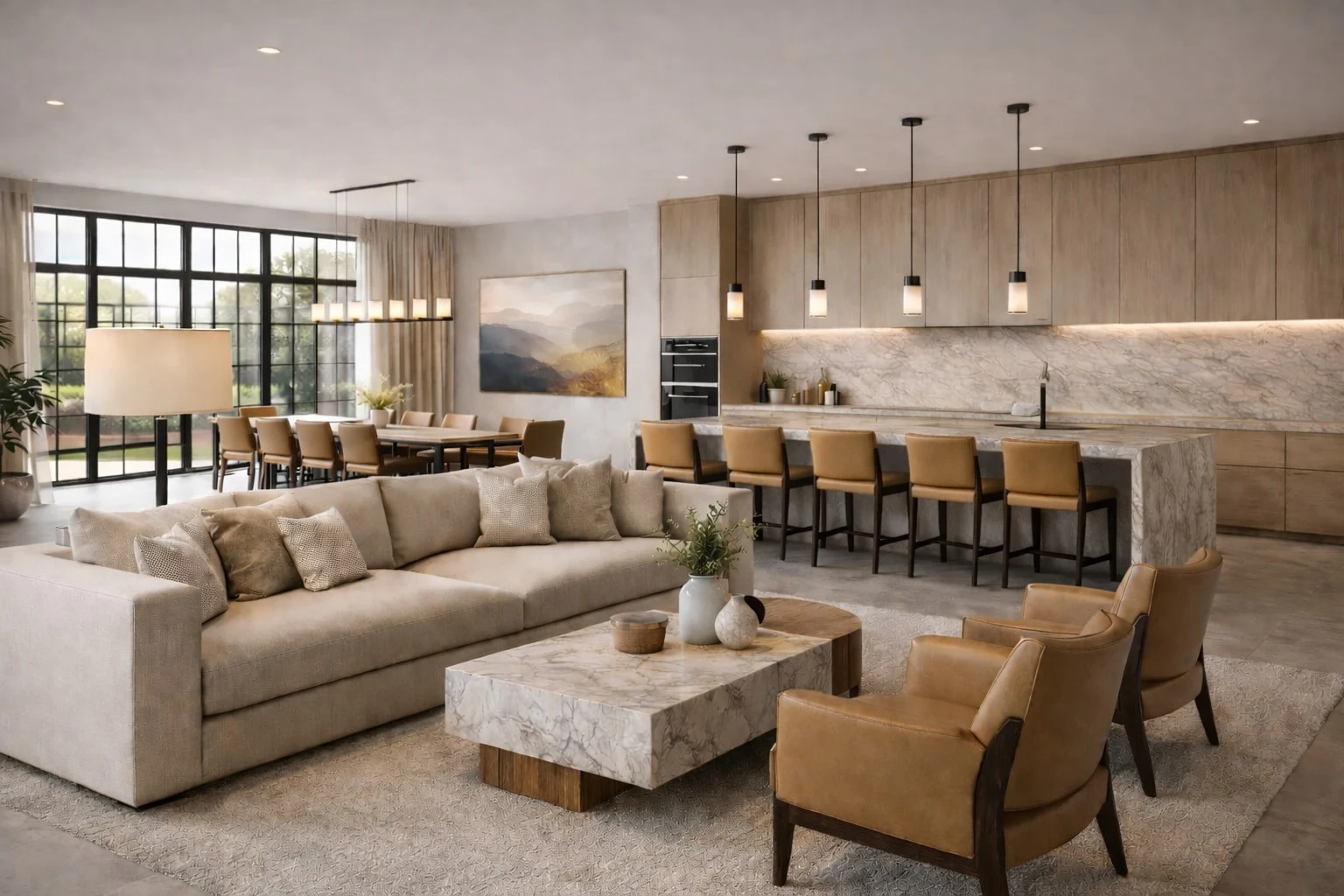 Casa Varenna — Open-plan living room with a long beige sofa, marble-look coffee table and tan leather armchairs