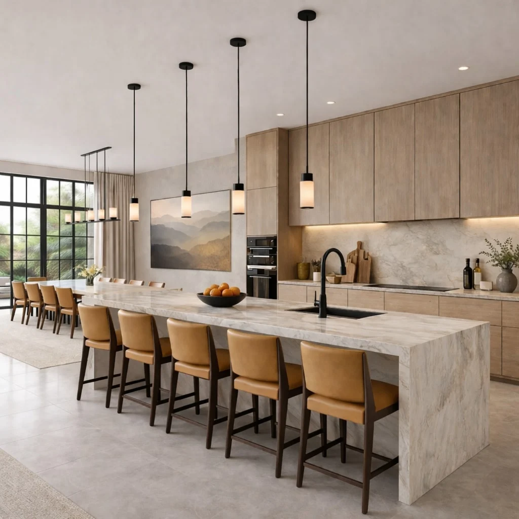 Casa Varenna — Kitchen with a long stone-look island, tan leather bar stools and a row of cylindrical pendant lights