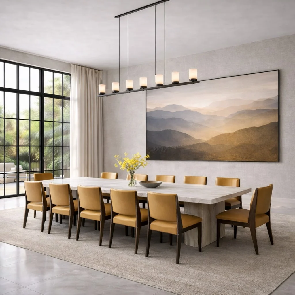 Casa Varenna — Dining room with a long stone table, tan leather chairs, a linear pendant and a large mountain painting